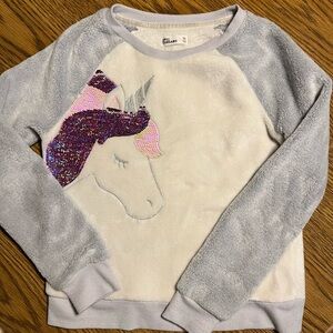 Girls size 8 Unicorn Sequin Fuzzy soft top.
